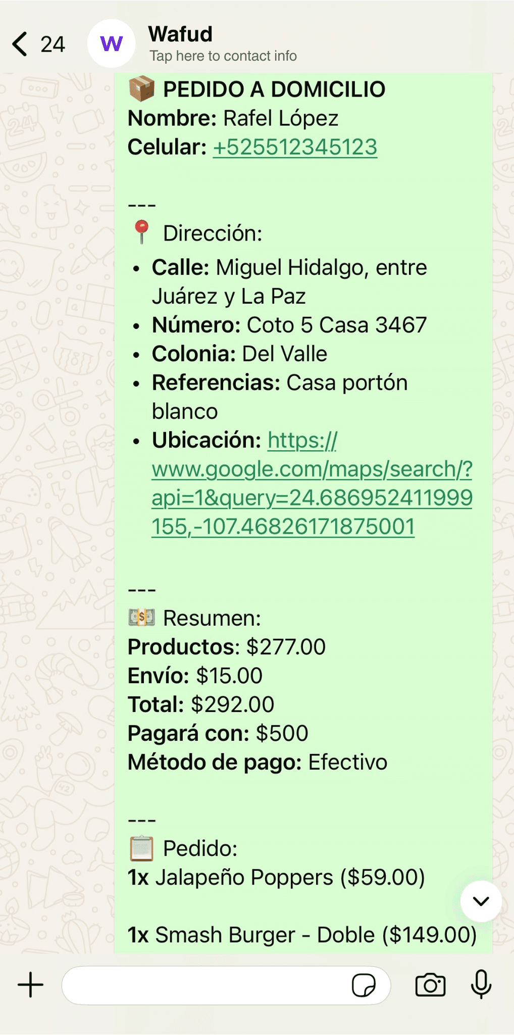 Vista previa de un pedido de Wafud por WhatsApp